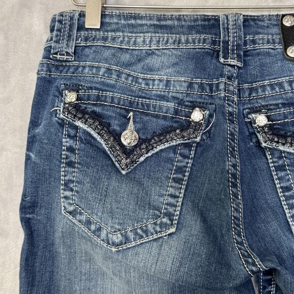 Miss Me Jeans Womens 27 Boyfriend Capri Blue Distressed Embellished Denim Pocket - Picture 6 of 16